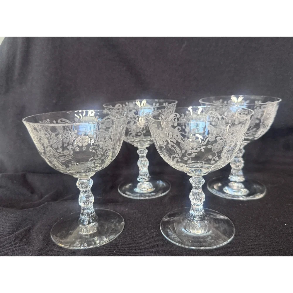 Vintage Etched Crystal Champagne Coupes Set of 4 Floral Scroll Cocktail Glasses